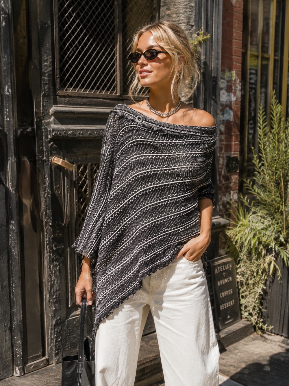 BARBARA KEISMAN Artisan Black and Gray Asymmetrical Knit Poncho, One Size